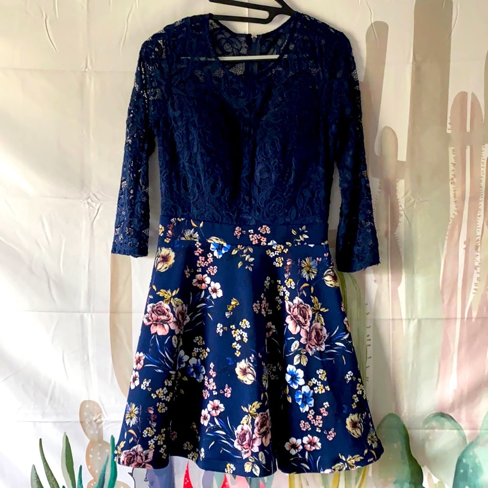 Navy Blue Floral Homecoming Dress